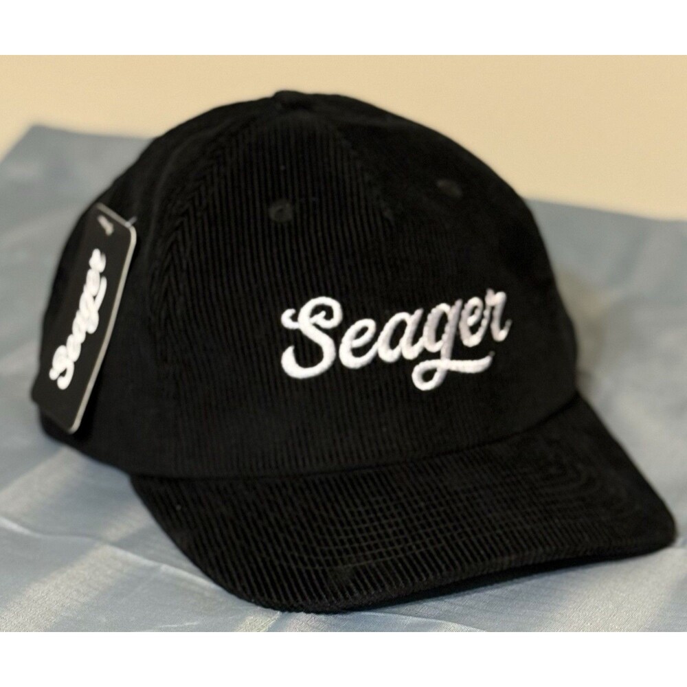 NWT Seager Co. Black Corduroy Script SnapBack Company Hat Cap New With Tags